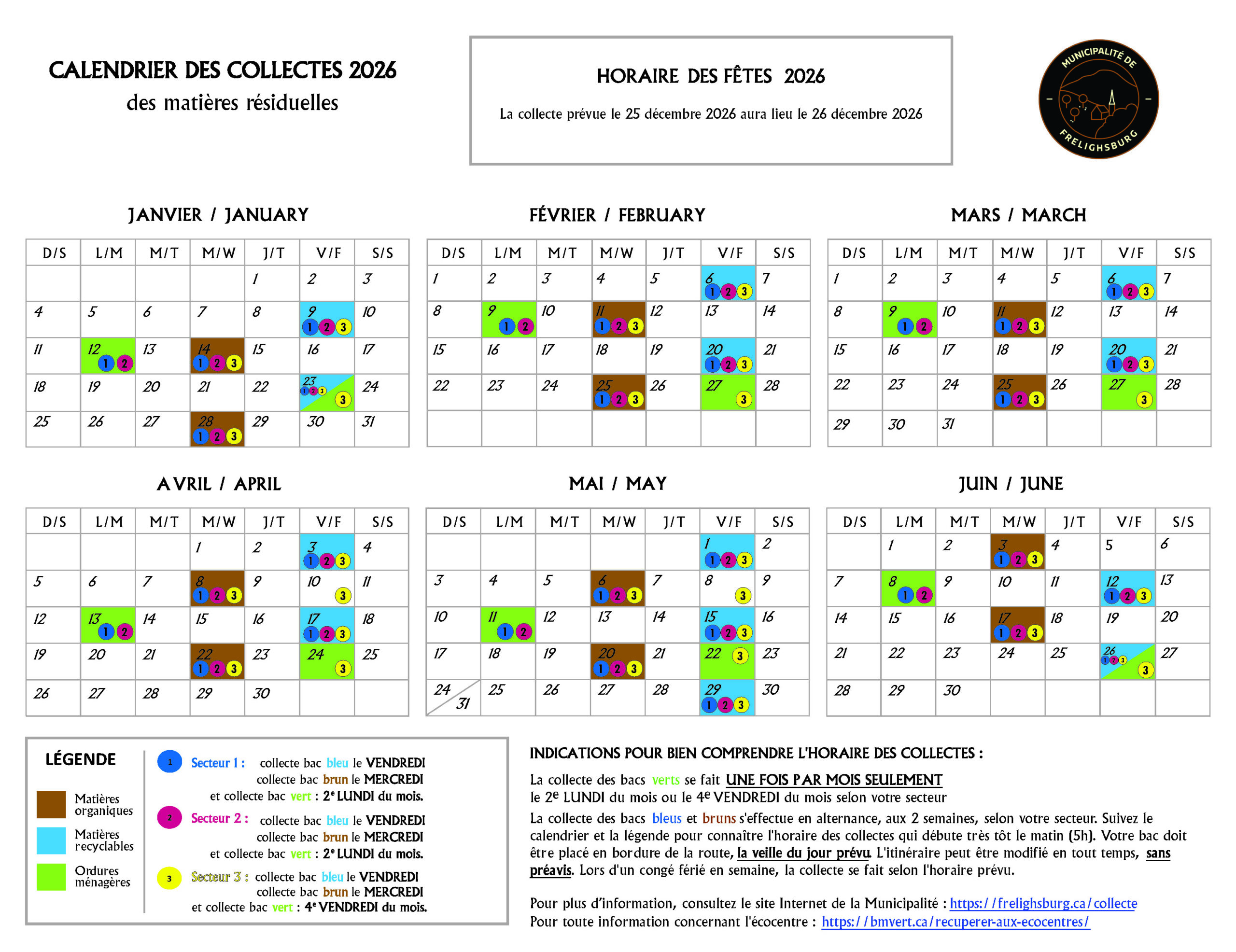 Calendrier des collectes de matières résiduelles 2026